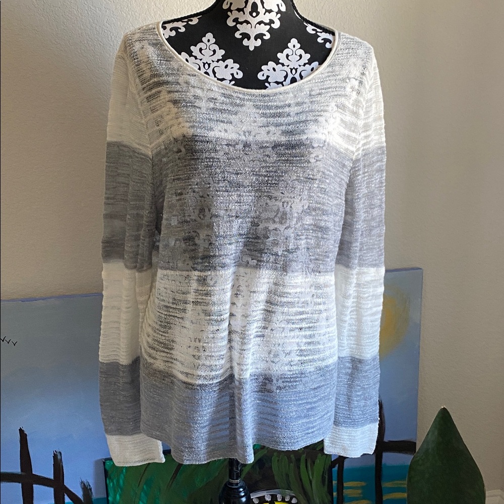 Eileen Fisher Soft Gray and Cream Striped Sweater light sweater linen blend